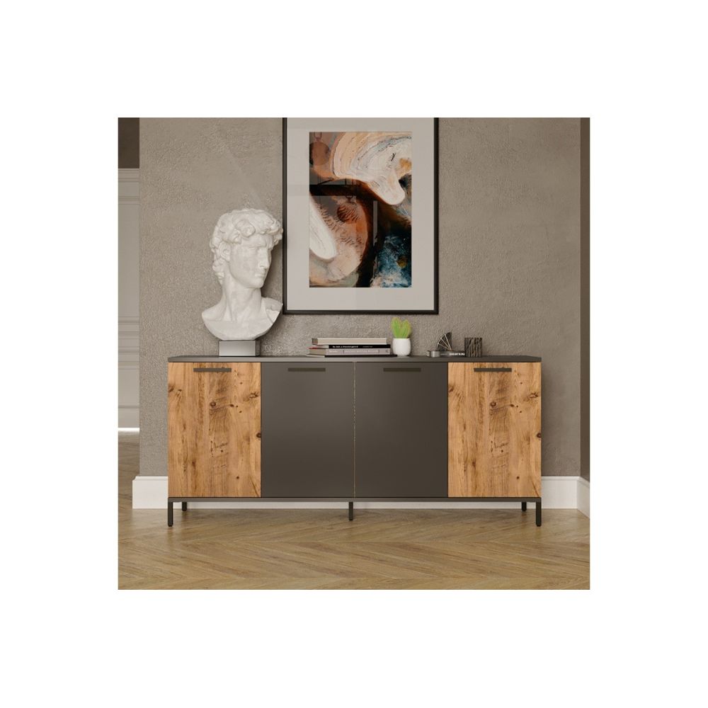 Buffet Moderno de 4 Puertas, Color Gris Oscuro-Roble