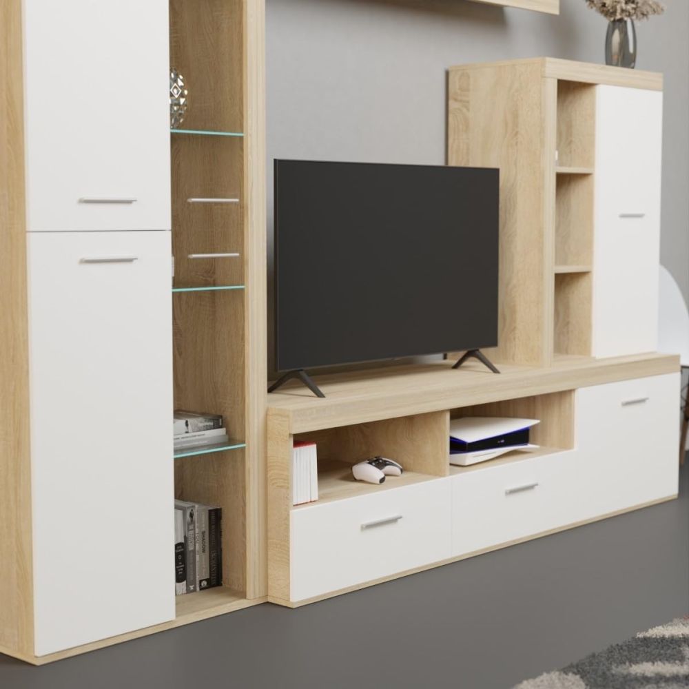 Mueble de Salón Moderno con Leds, Acabado en Cambria - Blanco, Medidas: 260 cm (An) x 191 cm (Al) 47,5 cm (Fo) Meyvaser