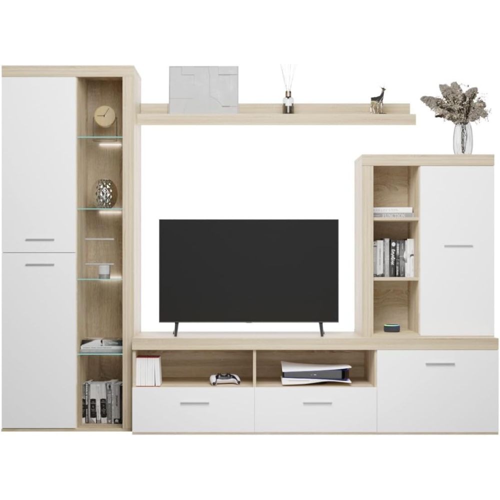 Mueble de Salón Moderno con Leds, Acabado en Cambria - Blanco, Medidas: 260 cm (An) x 191 cm (Al) 47,5 cm (Fo) Meyvaser