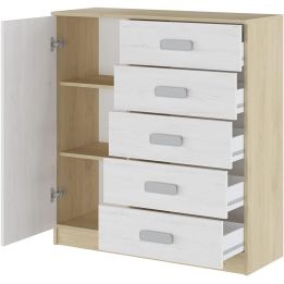 Cómoda Grande para Dormitorio o Salón – Natural y Blanco, 60 x 108 x 60 cm, 1 Puerta y 5 Cajones de Almacenaje.