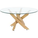 Mesa de Centro Redonda con Tapa de Cristal 8 mm y Patas Metálicas en Acabado Madera - Medidas 80x40 cm