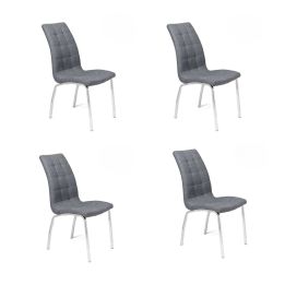 Juego de 4 Sillas Tapizadas en Símil Piel Gris Claro  con Patas Cromadas, Asiento y Respaldo Ergonómicos- Medidas 43x63x97 cm